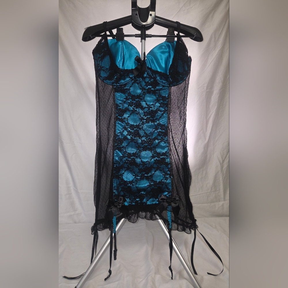 Dreamgirl Teal Satin Chemise with Black Lace Accents
